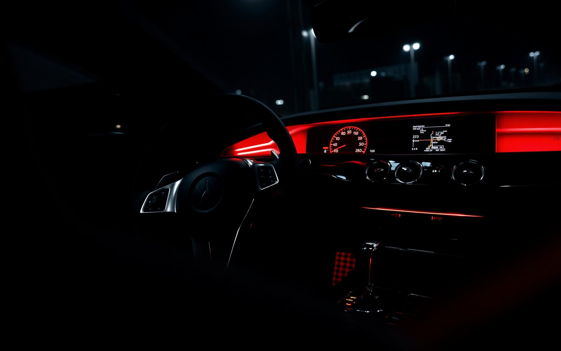 Luxury car interior with red ambient lighting